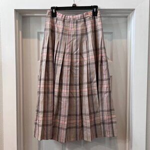 Vintage Pendleton 100% Wool Pleated Plaid Tan & Pink Midi Turnabout Skirt 10